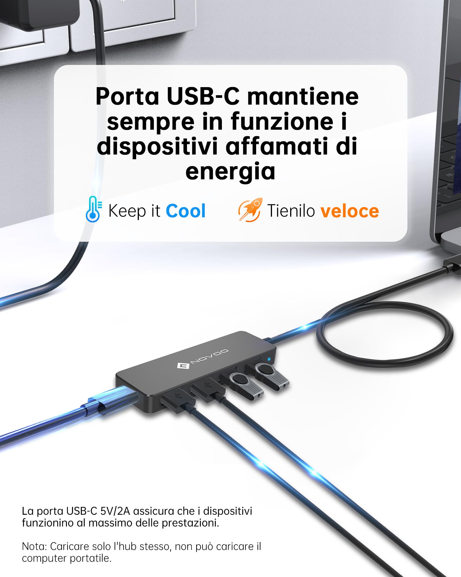 NOVOO Hub USB C 4 Porte USB 3.0, Trasferimento Dati 5 Gbit/s, Adattatore USB Porta Semplice e Pratico, Cavo Prolungato da 60 cm, Sdoppiatore USB per MacBook, Laptop, Disco Rigido Mobile