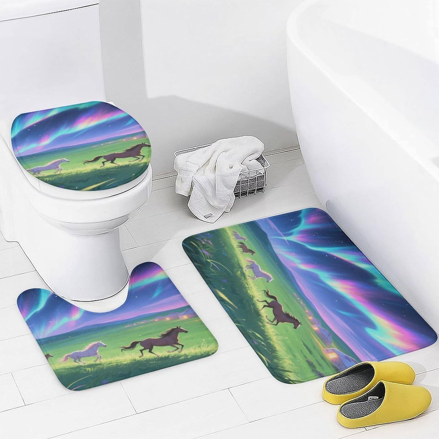 Aurora Grassland Bath Rug Set 4 Piece,Bathroom Accessories Set-Toilet Rugs U Shaped,Toilet Lid Cover,Shower Curtain and Rugs,Ultra Soft, Absorbent,Home Decor