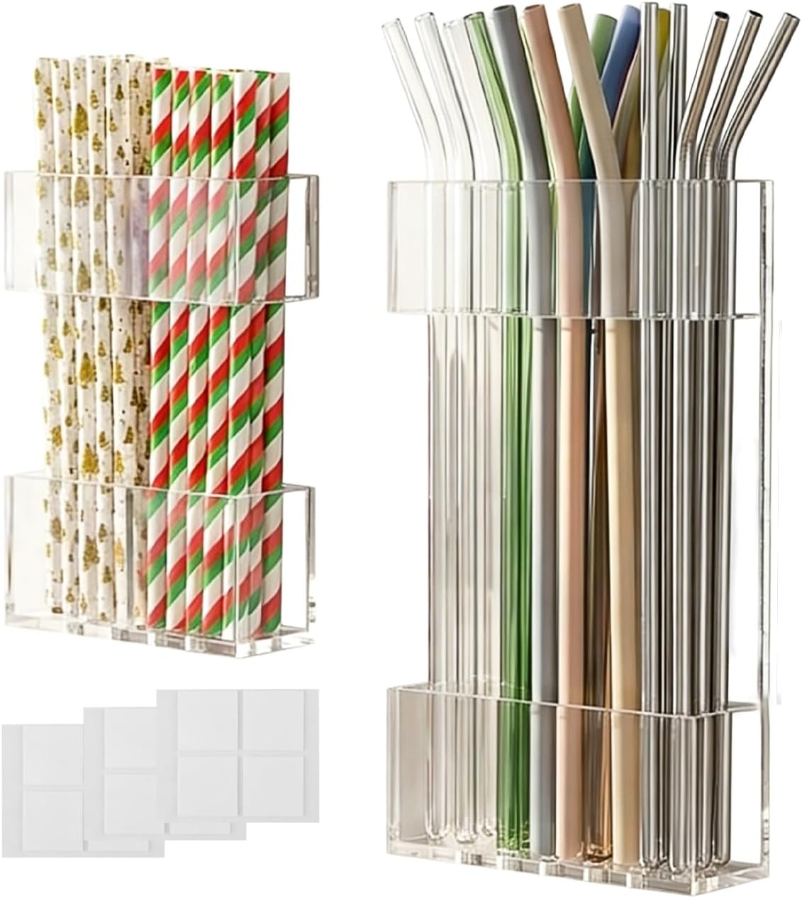 Acrylic Straw Holder for Cabinet Door, 2pcs Reusable Straw Organizer Storage with Sticky Adhesive Fits Both Short & Long Straws for Cabinet Kitchen Counter Cupboard Refrigerator