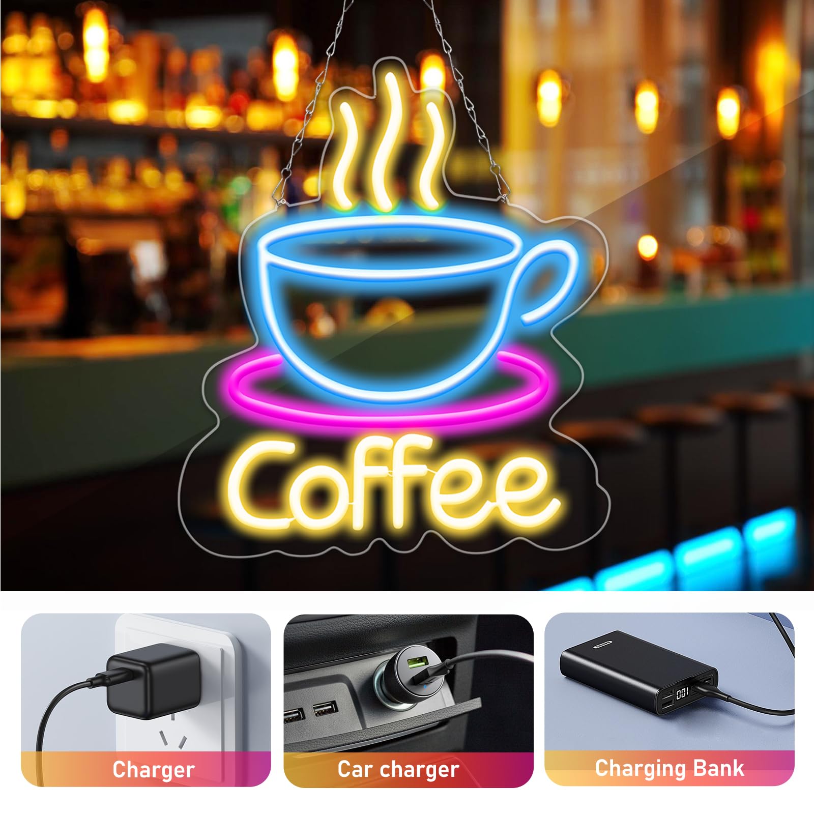 Segnalazione luminosa a LED, luce notturna, LED Coffee per tazza da caffè, caffè neon Sign, caffè, lettera luminosa, luce al neon per famiglie, ristorante, soggiorno, cucina, finestre