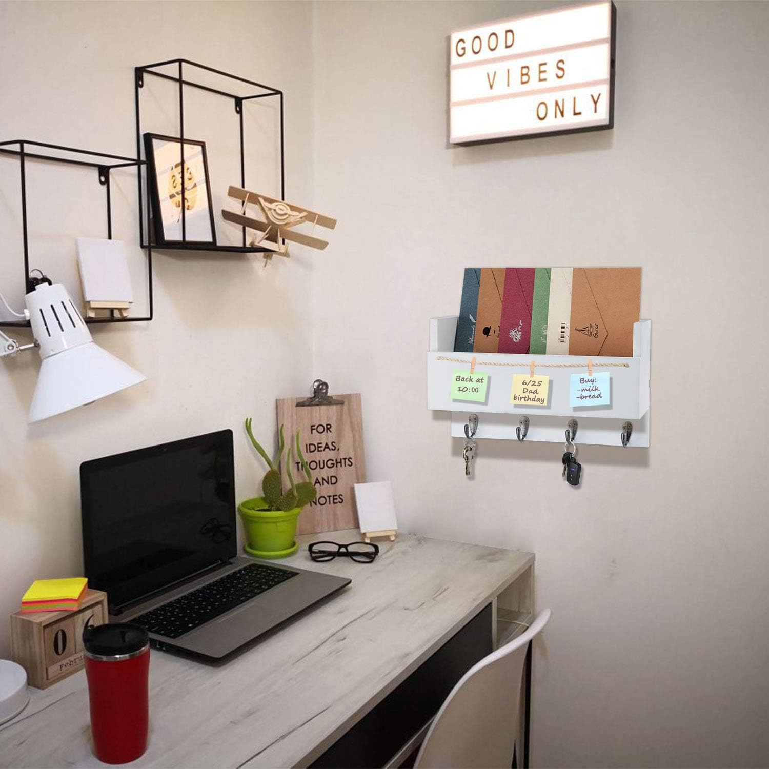 Halcent Entryway Mail Organizer Coat Rack Key Holder Hooks, Newspaper Magazine Holder with Memo Board Wall Decor