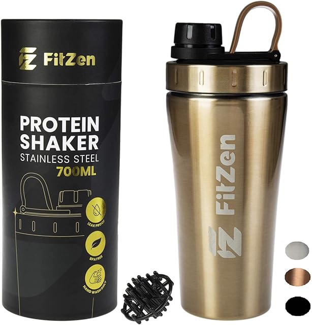 FitZen Protein Shaker Bottle | Stainless Steel Leak Proof Gym Shake Blender with Ball