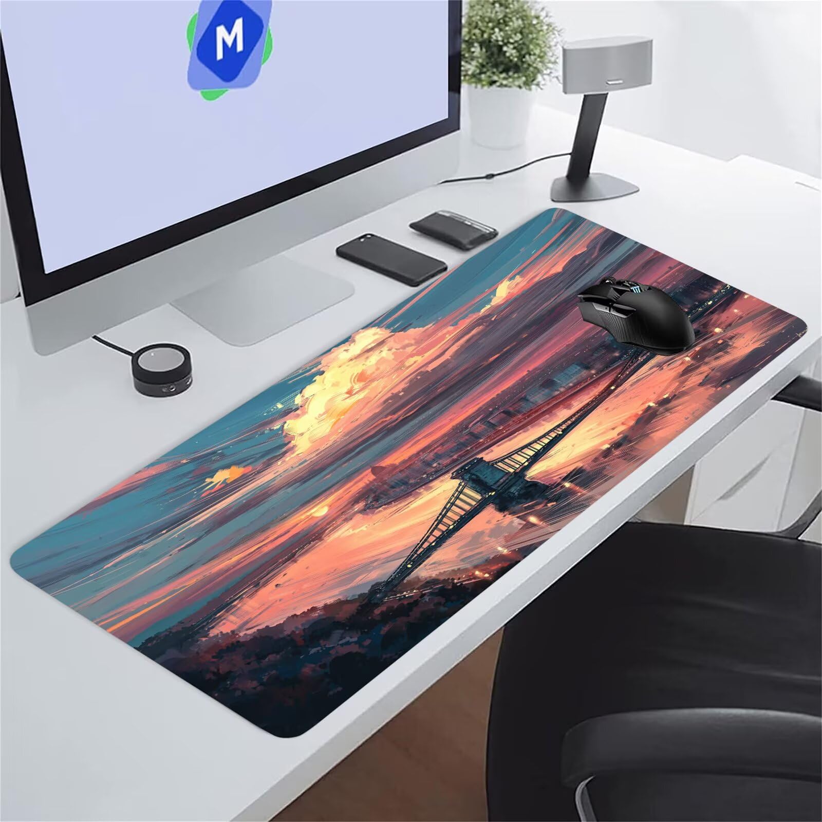 Grand Tapis de Souris de Jeu 800 x 400 x 3mm, Tapis de Souris XXL Paysage Coucher Soleil, Optimisé pour Capteur, Haute Précision et Vitesse avec Bords Cousus pour Bureau et Gaming