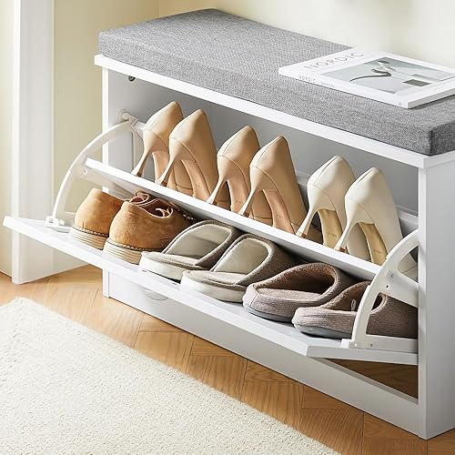 Miniatura 9 de Haotian Banco pequeño para zapatos, solución moderna de almacenamiento de zapatos con cojín acolchado, 1 cajón abatible para entrada estrecha,
