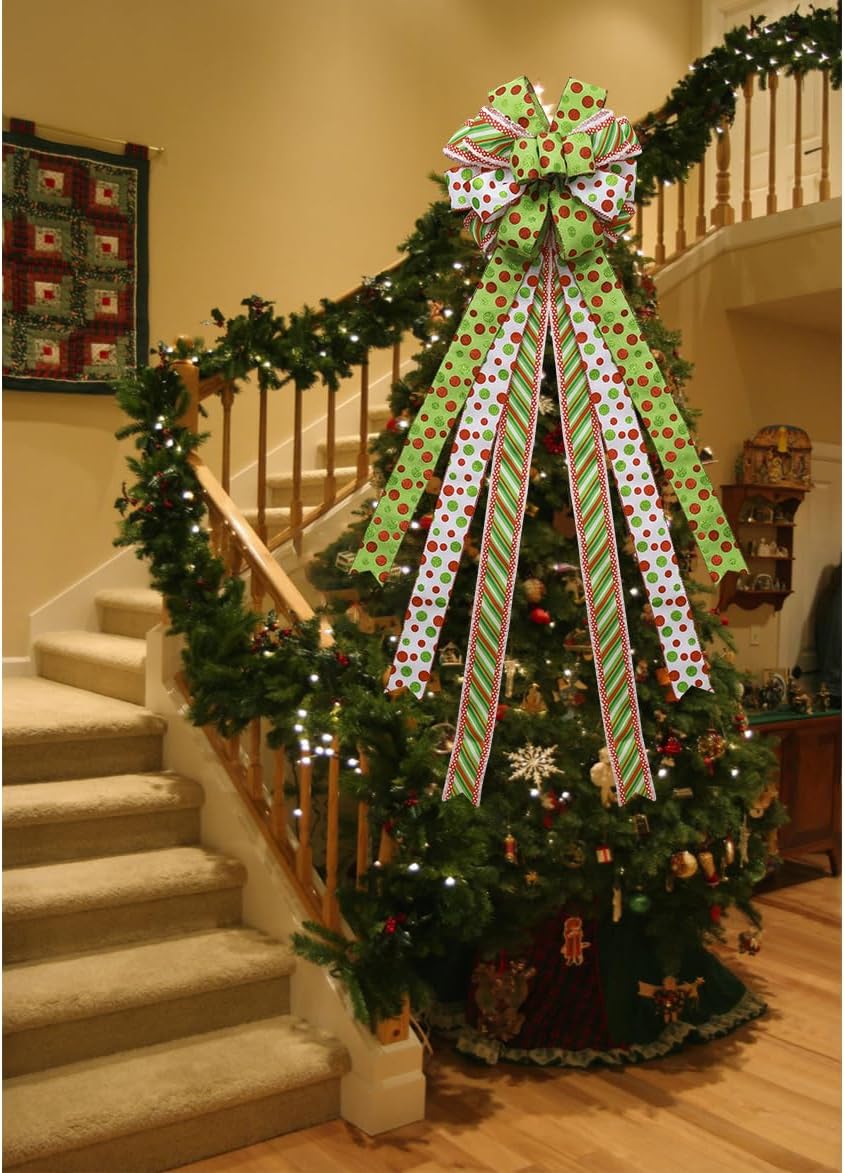 Christmas Tree Topper Wreath Large Green Christmas Bow Tree Topper, Red Green Dot Polyester Gift Bow for Xmas Ornament Holiday Handmade Home Wedding Indoor/Outdoor Decoration-13 x 45 Inch - Image 6