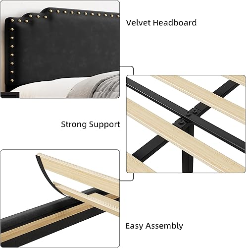 Miniatura 6 de GAOMON Marco de cama de tamaño matrimonial, plataforma tapizada de terciopelo con cabecera decorativa de remaches, soporte de listones de madera
