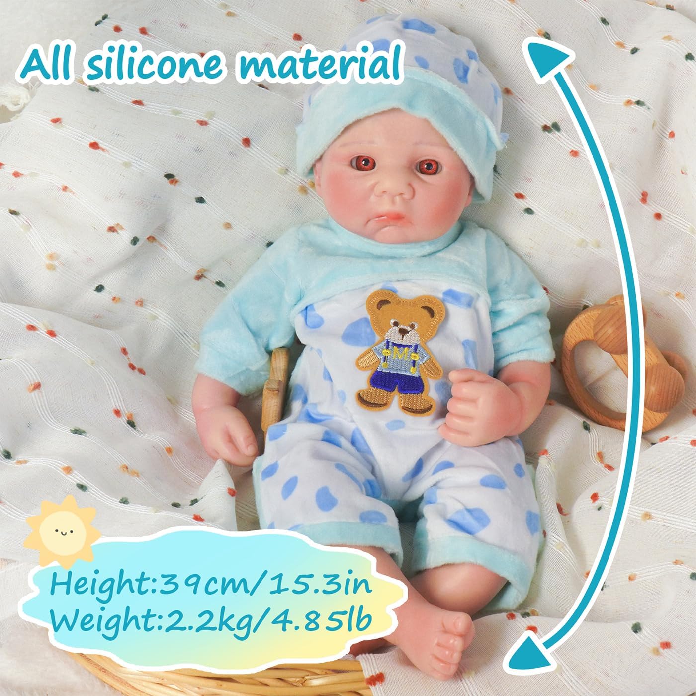 15 Inch Boy Full Body Silicone Baby Dolls [NOT Vinyl],Weighted Realistic Hand Painted Open-Eyes Newborn Lifelike Preemie Doll Gift for Kids 3+