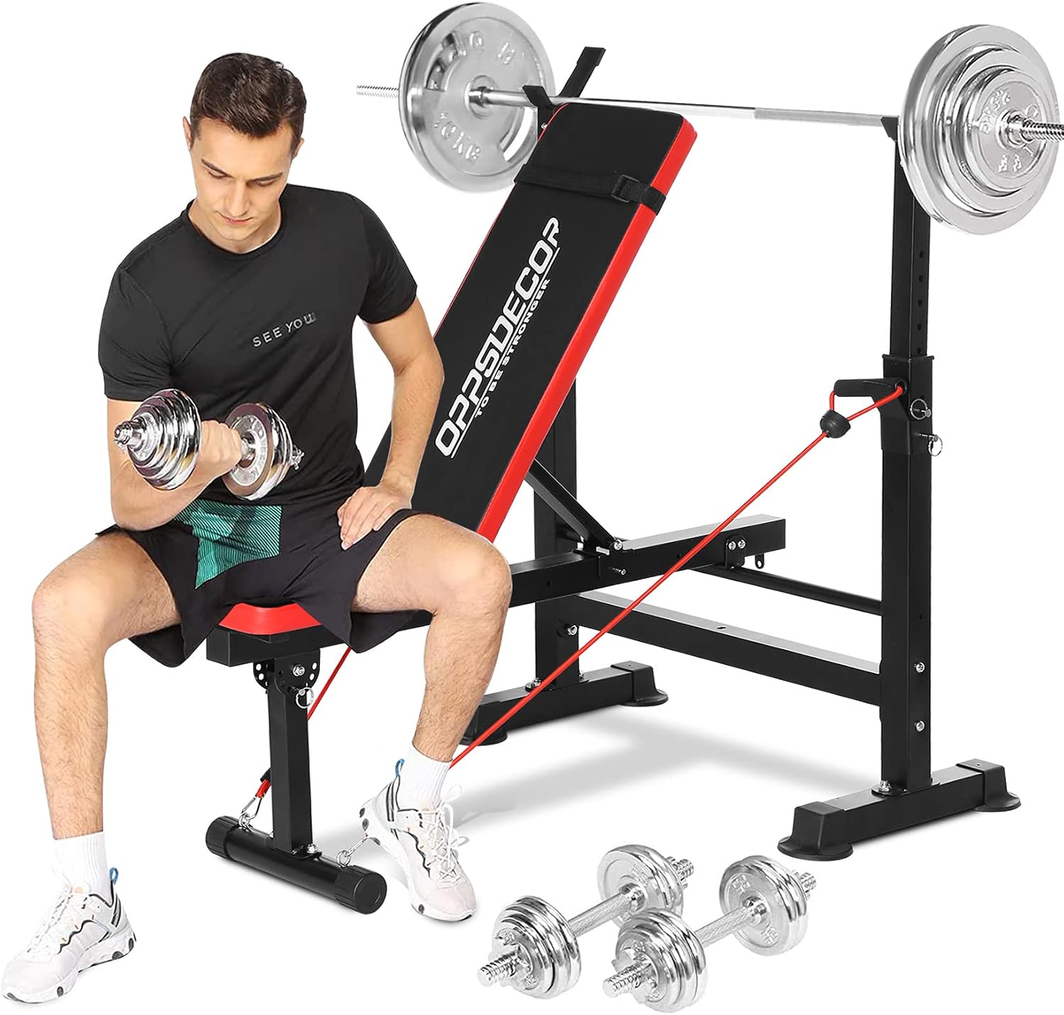 OppsDecor 6 in 1 600lbs Weight Bench Set with Squat Rack, Bench Press Set with Barbell Rack, Adjustable Incline Strength Training Workout Bench with Leg Developer Preacher Curl for Home Gym