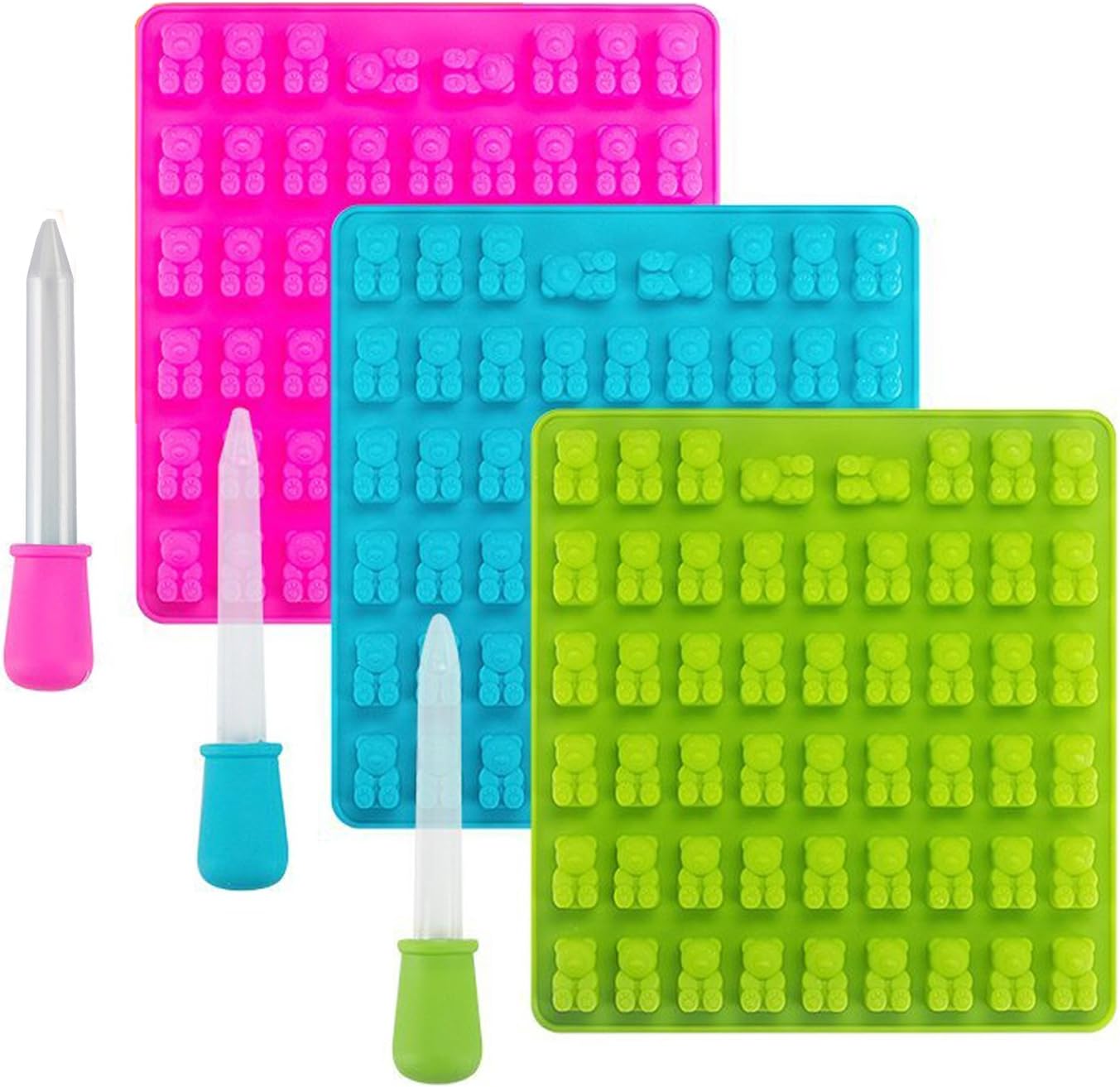 3 Pack 53 Cavities Candy Silicone Moulds & Ice Cube Trays - Gummy Bear Moulds with 3 Dropper Pipettes for Sweets, Jelly, Soap, Chocolate Making and Kids Party