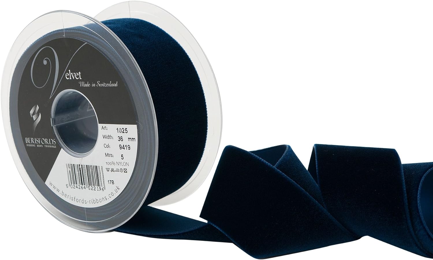 Berisfords Velvet Ribbon, Navy, 36mm X 5m