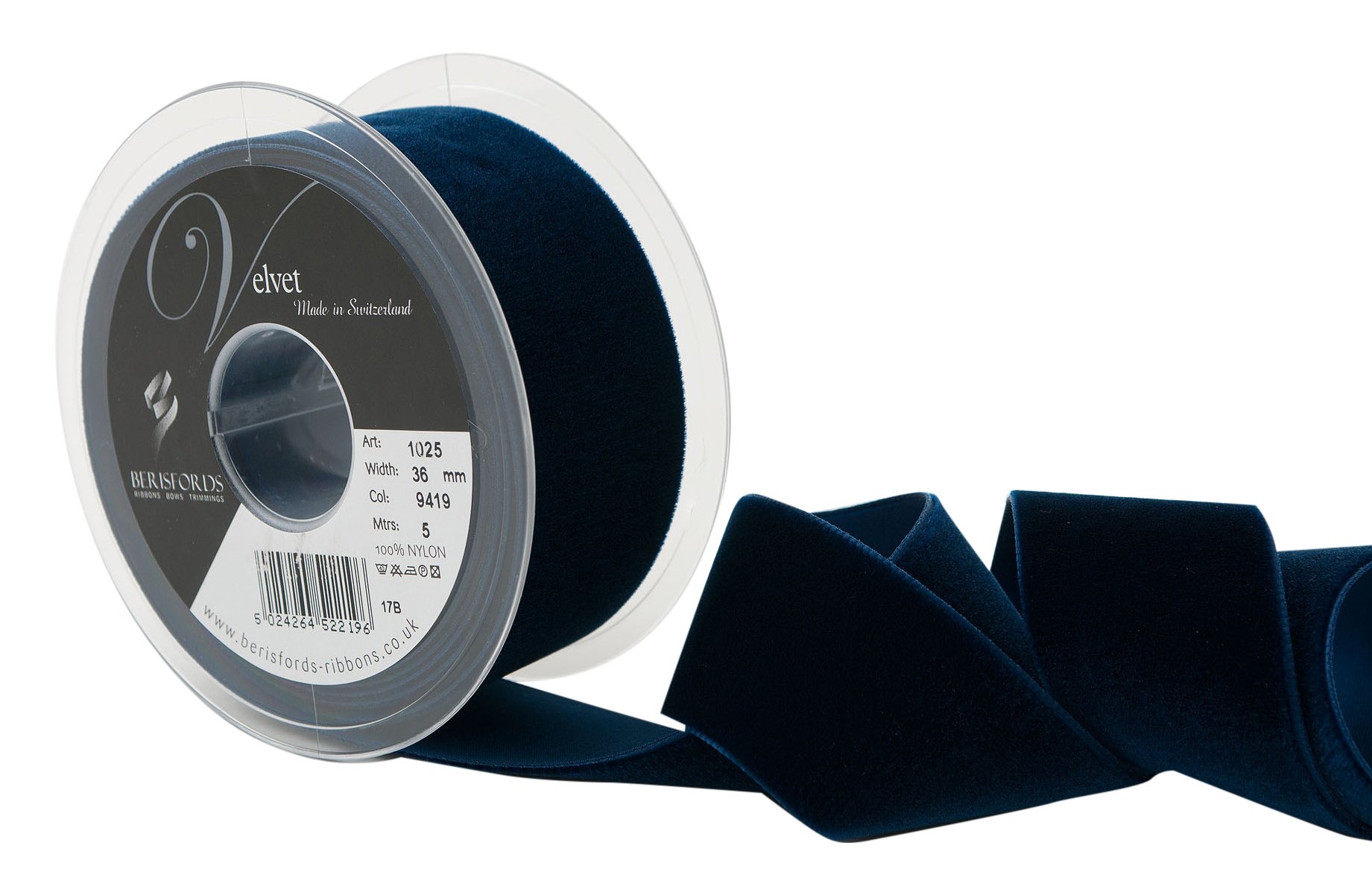 Berisfords Velvet Ribbon, Navy, 36mm X 5m