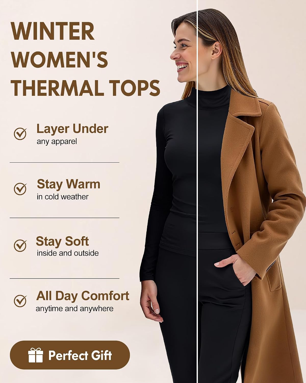 4 or 2 Pack Women's Thermal Shirts Turtle Neck Long Sleeve Baselayer Tops