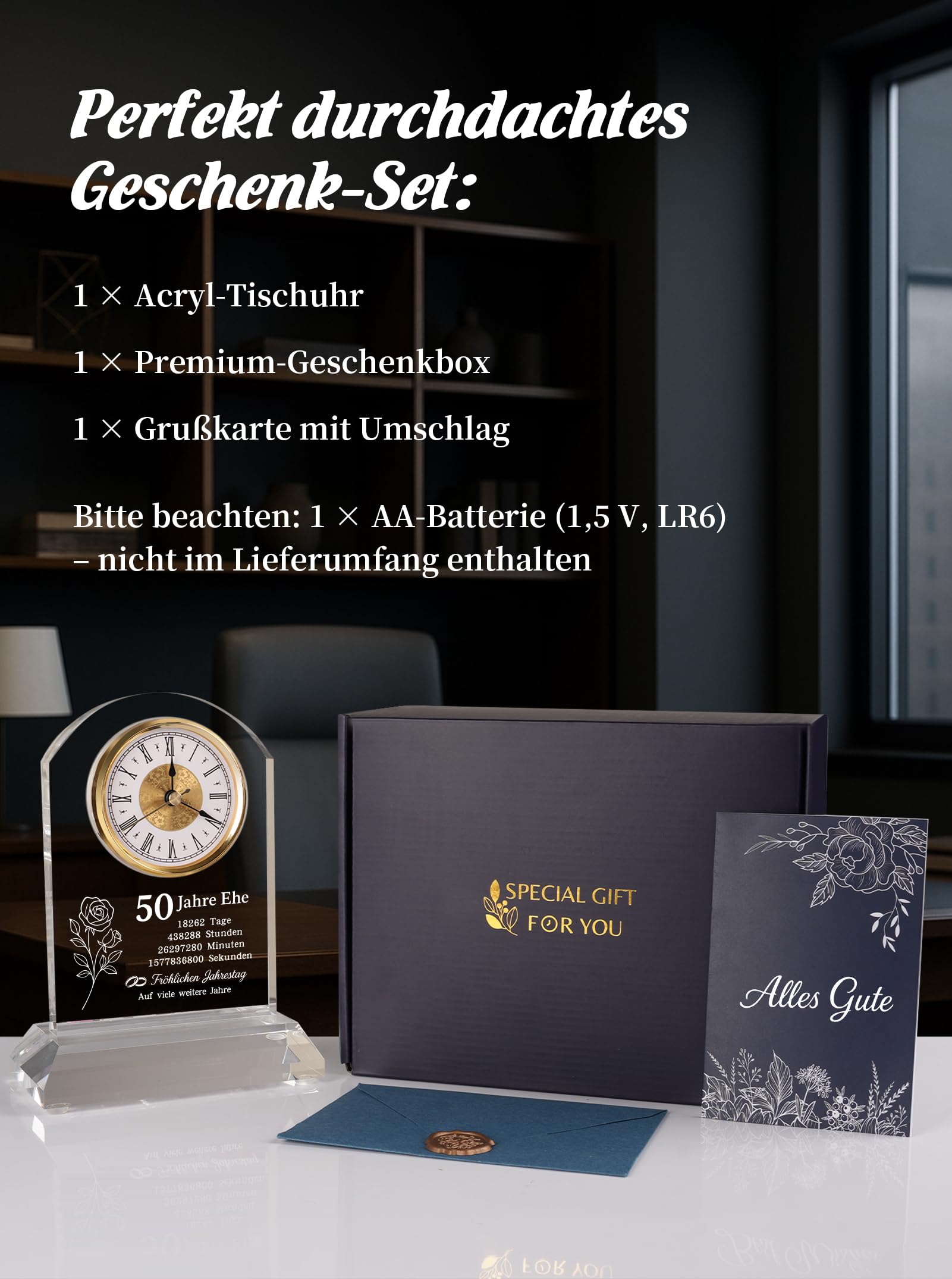 DEEWISH Goldene Hochzeit 50 Jahre Ehe Schreibtischuhr Quarzuhr, edles Geschenkset mit Geschenkbox und Grußkarte, Jubiläum Paar Eltern Großeltern, Deko Büro Wohnzimmer