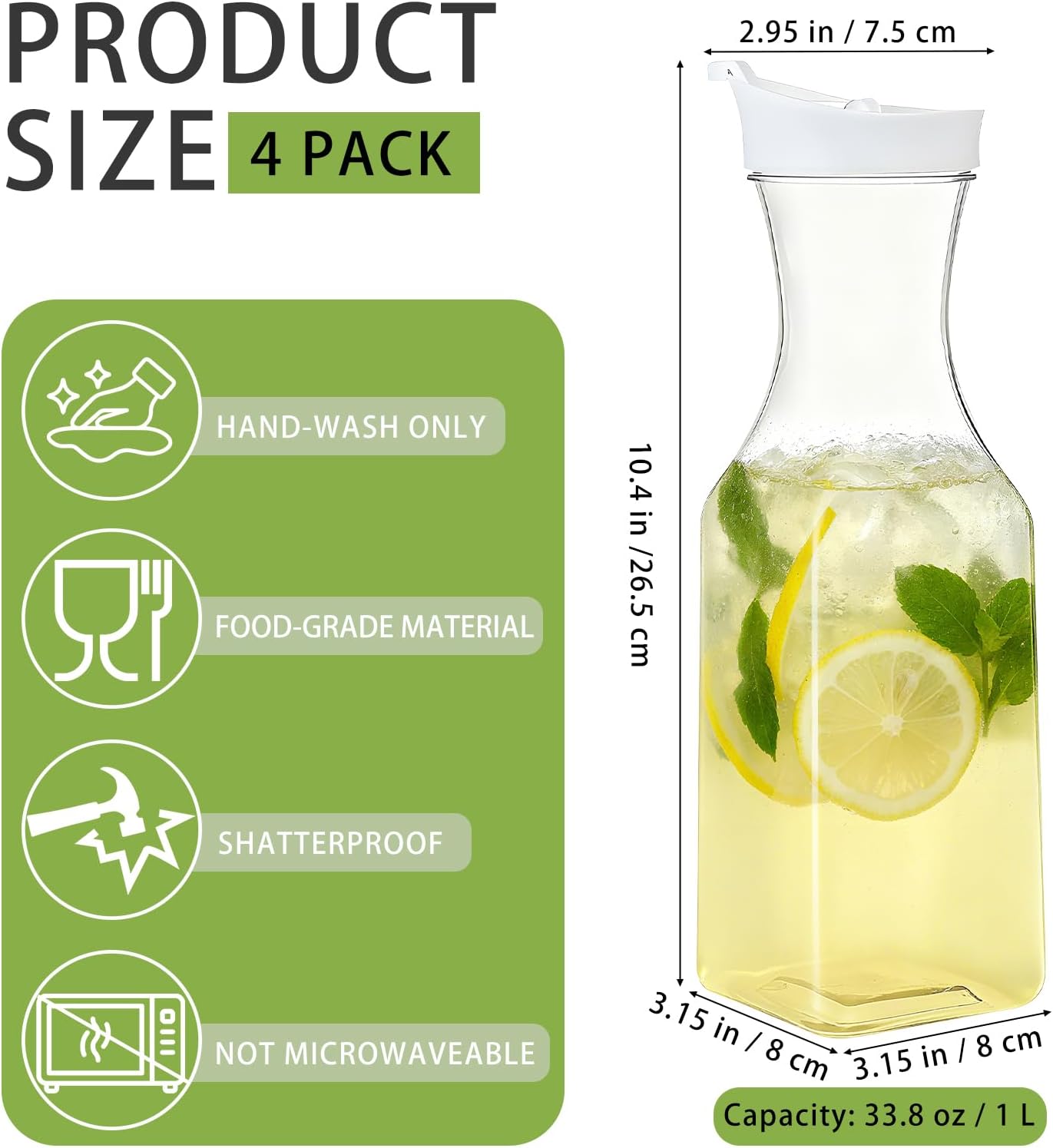 4 Pack Plastic Carafe with Lids, 1 Liter Large Mimosa Bar Juice Drink Containers Clear Beverage Square Base Bottle for Fridge, Water, Milk, Iced Tea, Hand Wash - Image 2