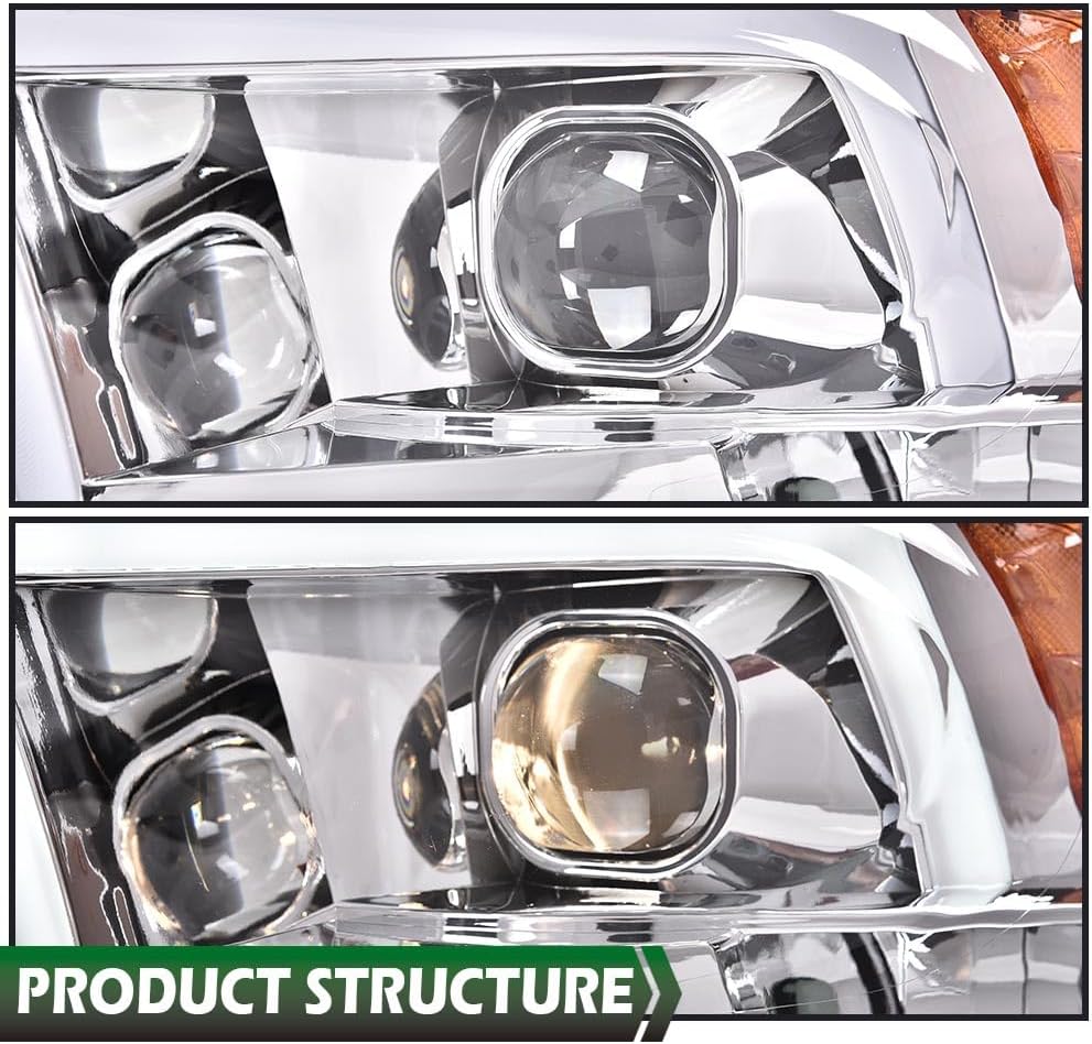 GRAND ORANGE LED DRL Headlights Assembly Compatible with Dodge Ram 1500 2500 3500 2009-2012 Left & Right Head Lamps Clear Lens Chrome Housing Amber Reflector
