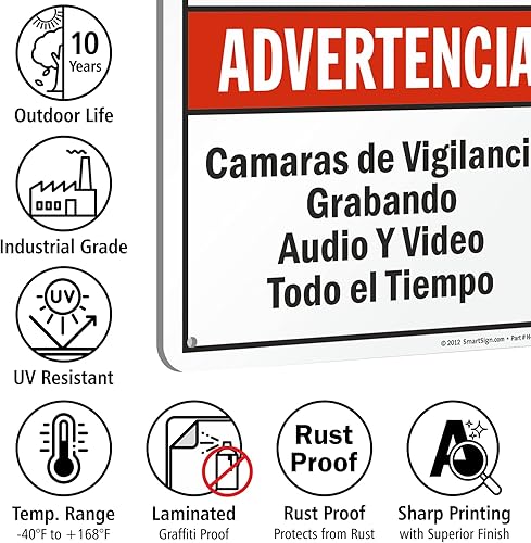 Vista 13 de SmartSign -S-9392-AL-14 Advertencia - Vigilancia de audio y video en servicio en todo momento Aluminio de 10" x 14" - Negro/Rojo sobre Blanco