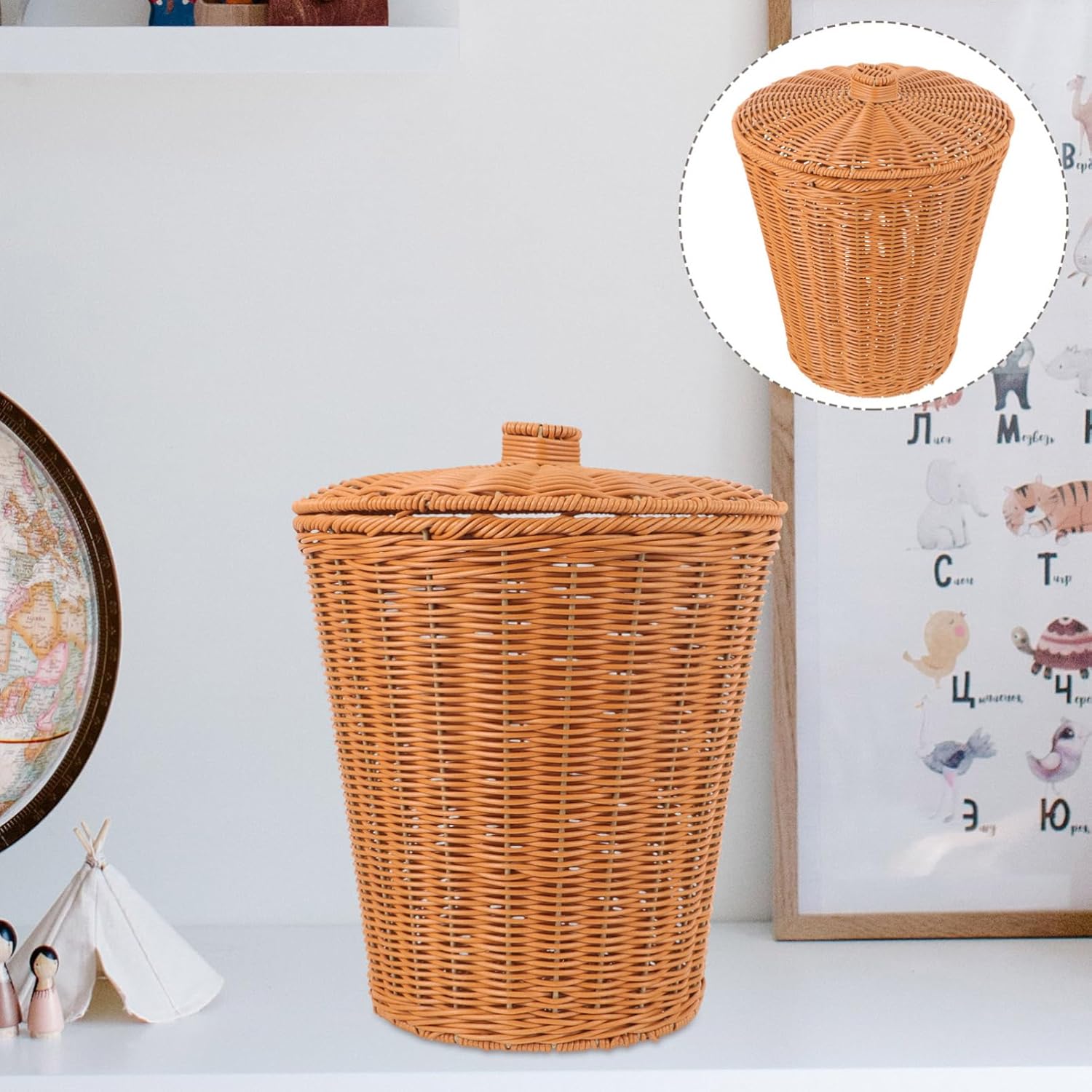 KOMBIUDA Imitation Rattan Storage Basket with Lid Multi-purpose Woven Container for Bedroom Bathroom and Living Use and Stylish Waste Basket for Home Organization