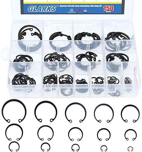Glarks Juego surtido de anillos de retención de 150 piezas de acero de aleación métrica de 15 tamaños