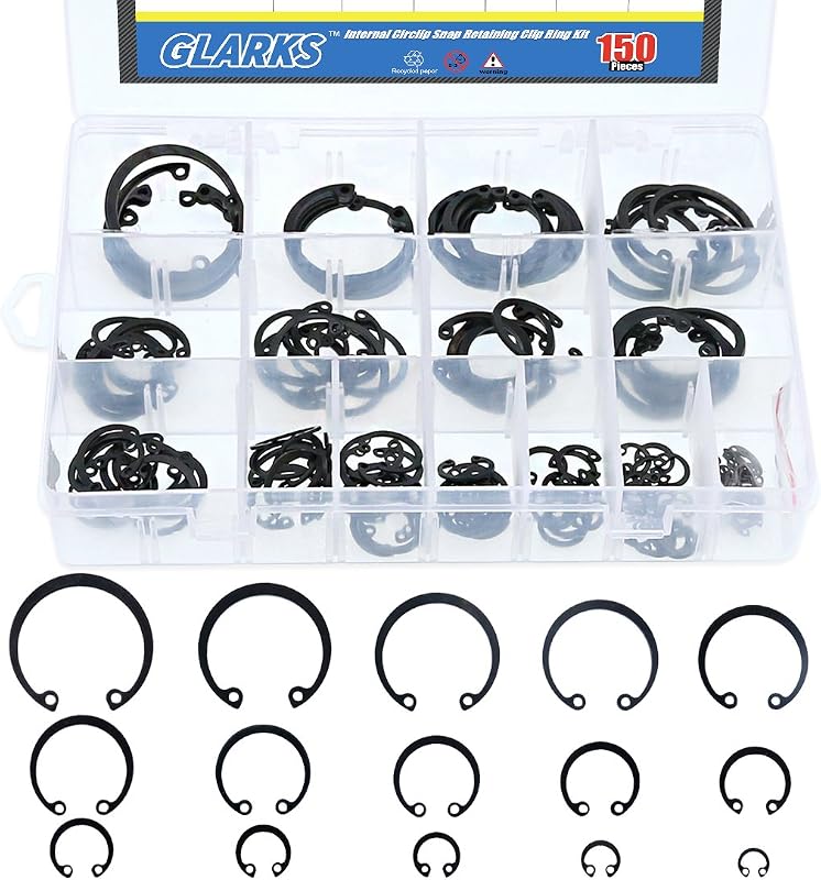 Glarks 150-Pieces 15 Size Metric Alloy Steel Internal Circlips Snap Retaining Ring Assortment Kit