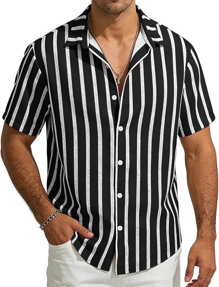 Mens Linen Shirt Button Down Short Sleeve Casual Beach Shirts Striped Shirts for Men Summer Vacation