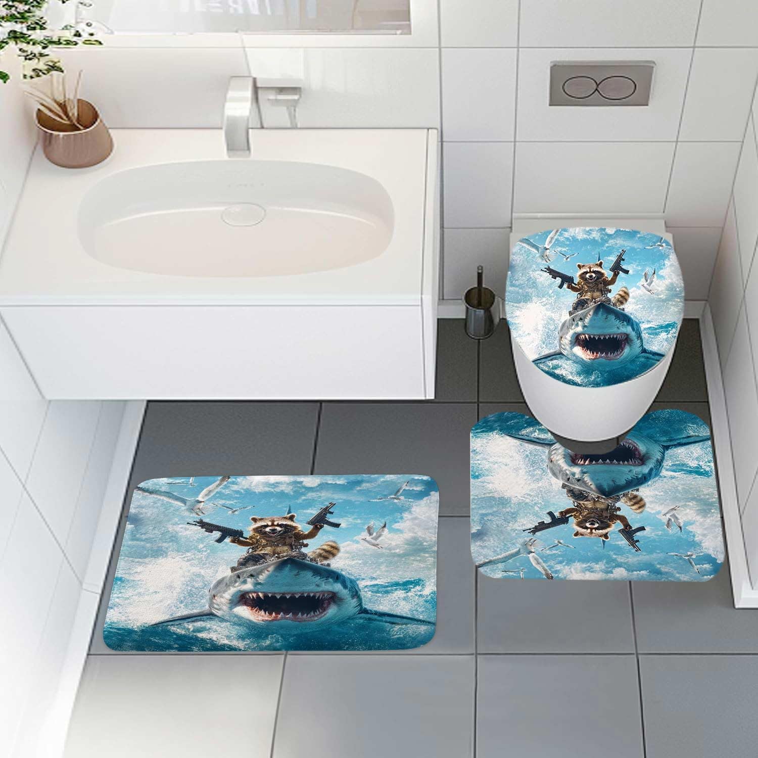 4 Pcs Funny Kids Bathroom Decor, Cool Raccoon Riding Shark Ocean Shower Curtain Sets, with Non-Slip Rugs and Accessories, Funny Animal Fabric Toilet Lid Cover and Bath Mat, Shower Curtain with Hooks image 5