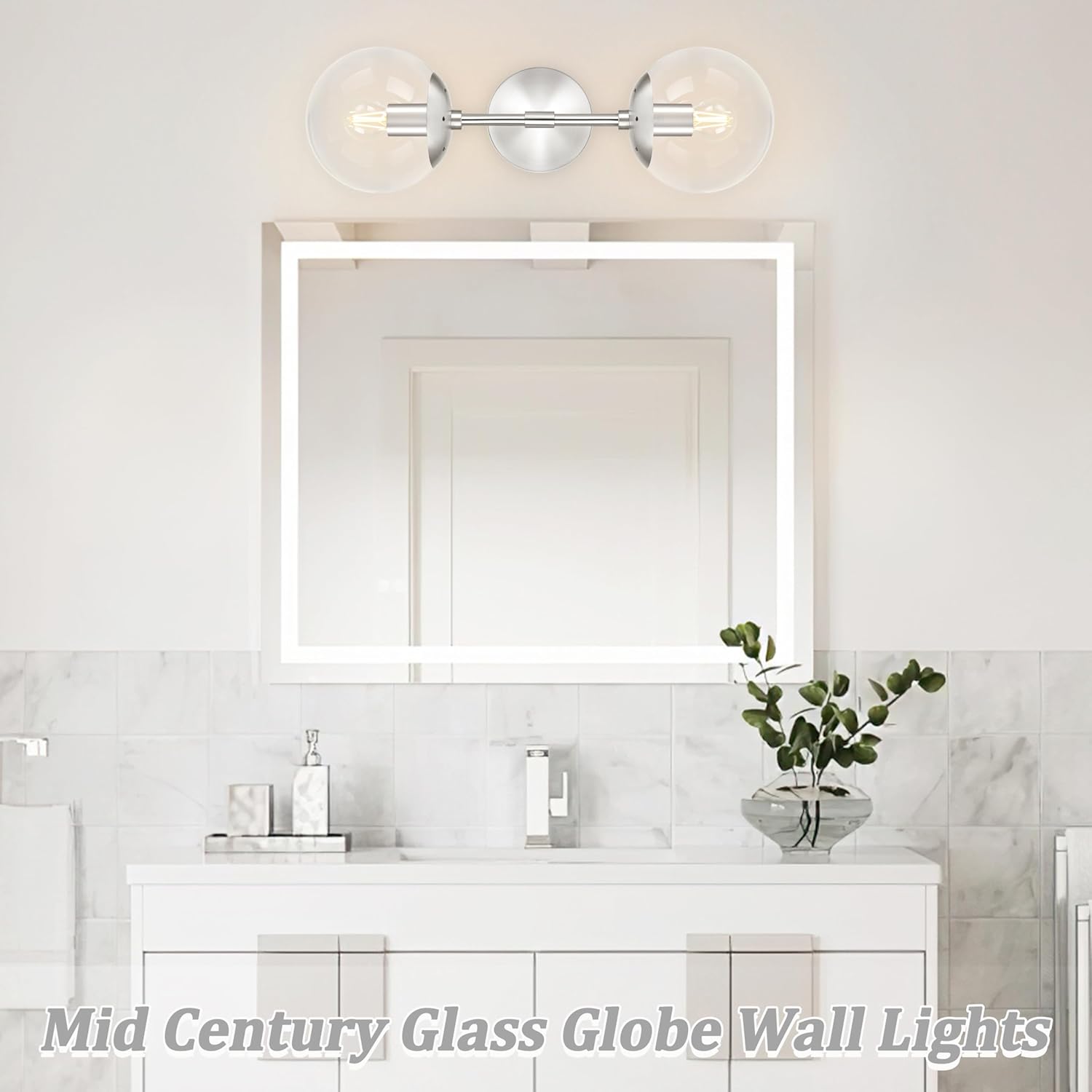KoKo&Yukina Nickel 2 Light Vanity Light Fixtures Mid Century Modern Bathroom Vanity Light Globe Sconce with Clear Glass for Bathroom Bedroom