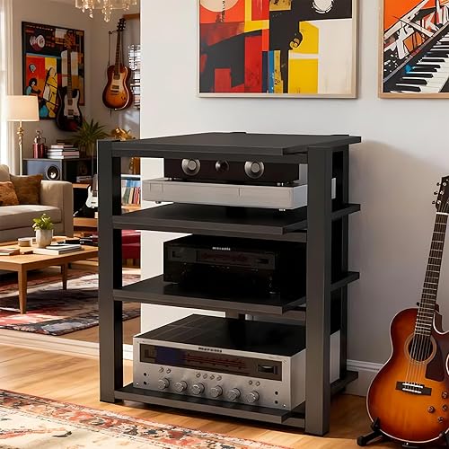 Heavy Duty Audio Rack Tower, Av Media Player Stand with Wooden Shelves, Black Cd Stereo Equipment Cabinet, Suitable for Home,Office/Audio Video/Theate(4 Tier)