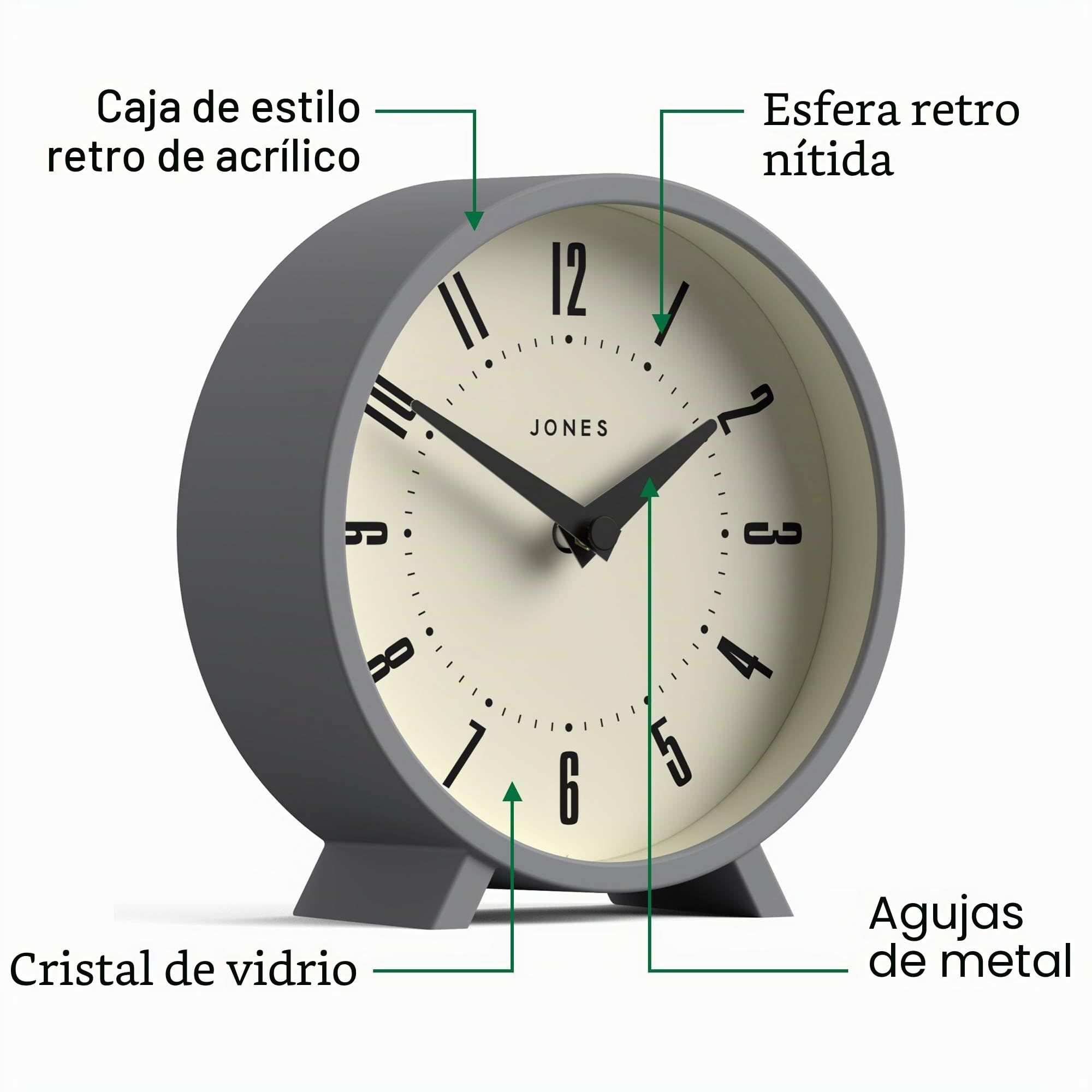 JONES CLOCKS® Venus Reloj de Escritorio | Diseño Moderno de Redondo | Grey | Estilo Retro y Estiloso para estantería, Mesa, repisa o mesilla
