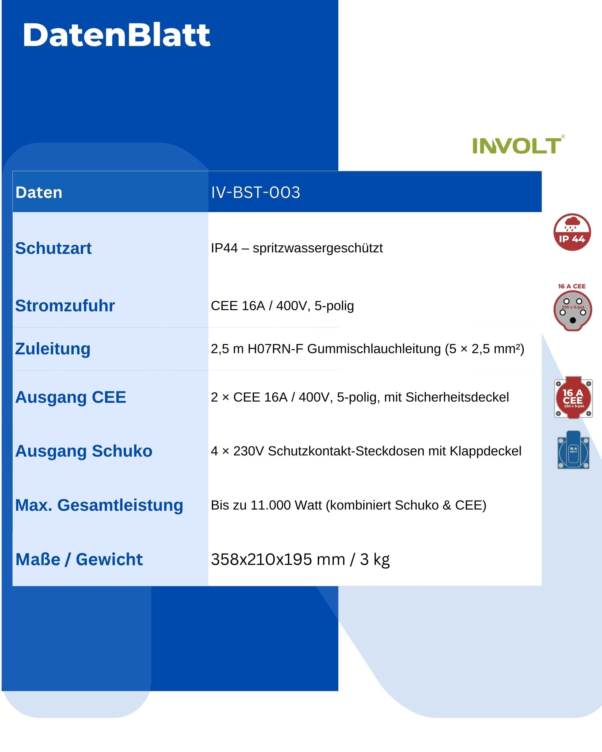INVOLT Distributore di corrente, spina CEE 400 V/16 A/5 poli, 4 prese Schuko e 2 prese CEE 16 A, adattatore mobile, distributore per interni ed esterni, IP44