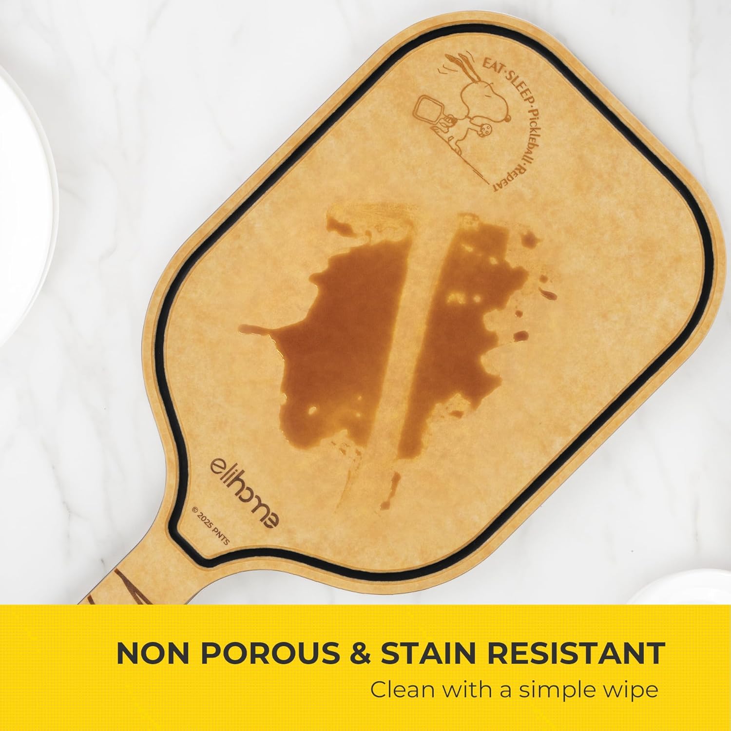 Elihome x Peanuts Pickleball Charcuterie & Cutting Board, Pickleball Gifts, Wood Fiber, Paddle Shape with Handle, Dishwasher Safe, Reversible Design, Juice Groove (Eat Sleep Pickleball Repeat)