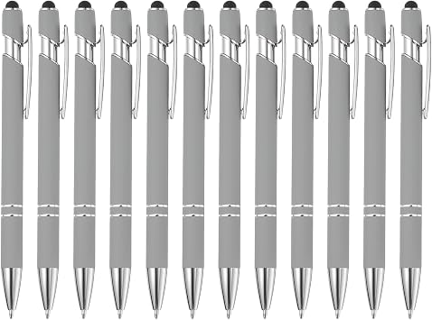 PATIKIL Ballpoint Pen with Stylus Tip, 12Pcs 2 in 1 Metal Stylus Pen Black Ink 1.0mm Medium Point for Touch Screens Style 3, Light Gray