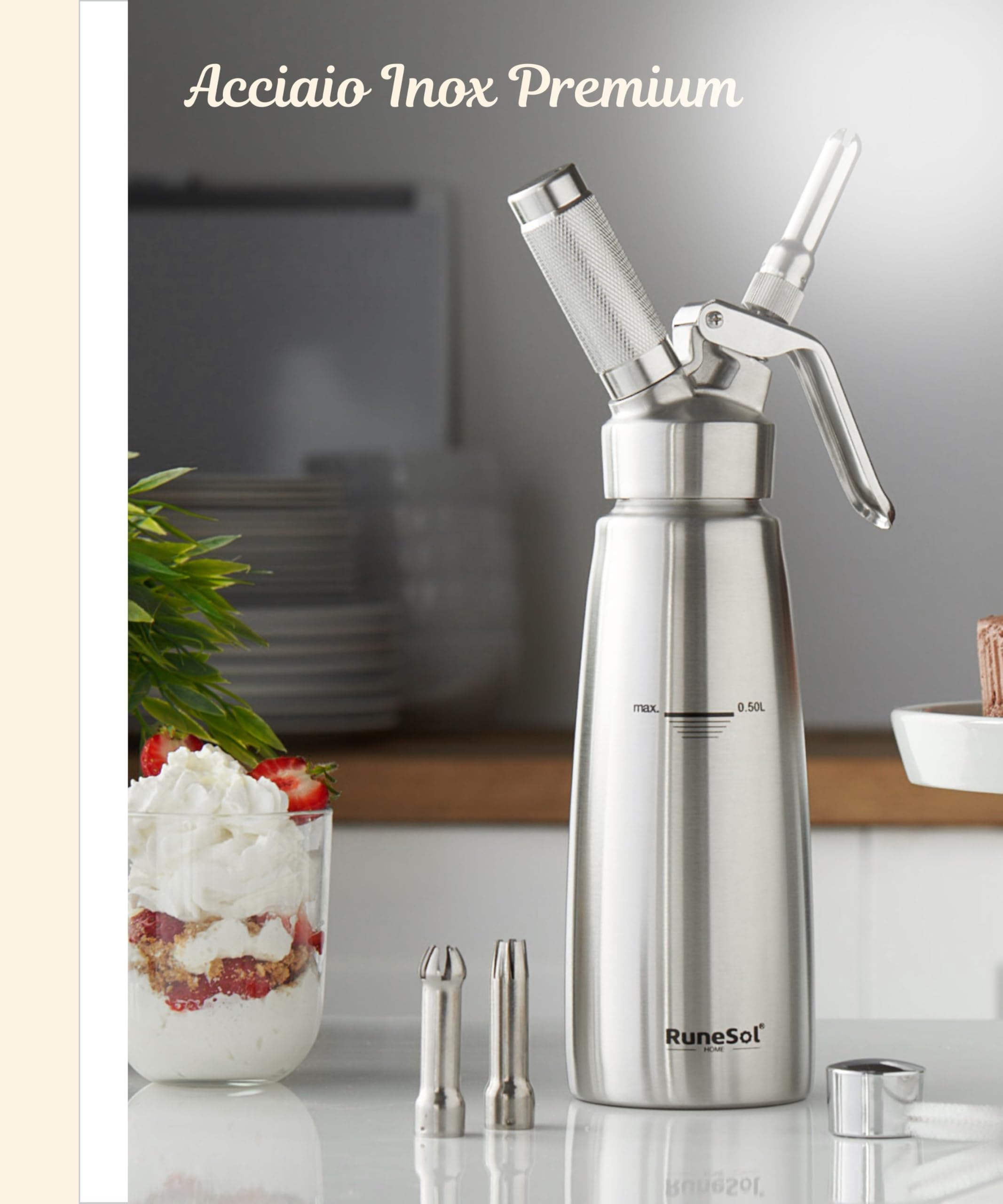 RuneSol Sifone da Cucina Acciaio Inox 500ml, Sifone Panna Montata con 3 Ugelli per Decorazione Torte di Compleanno Pasticceria, Sifoni Pasticceria, Sifone da Professionale per Regalo di Pasqua