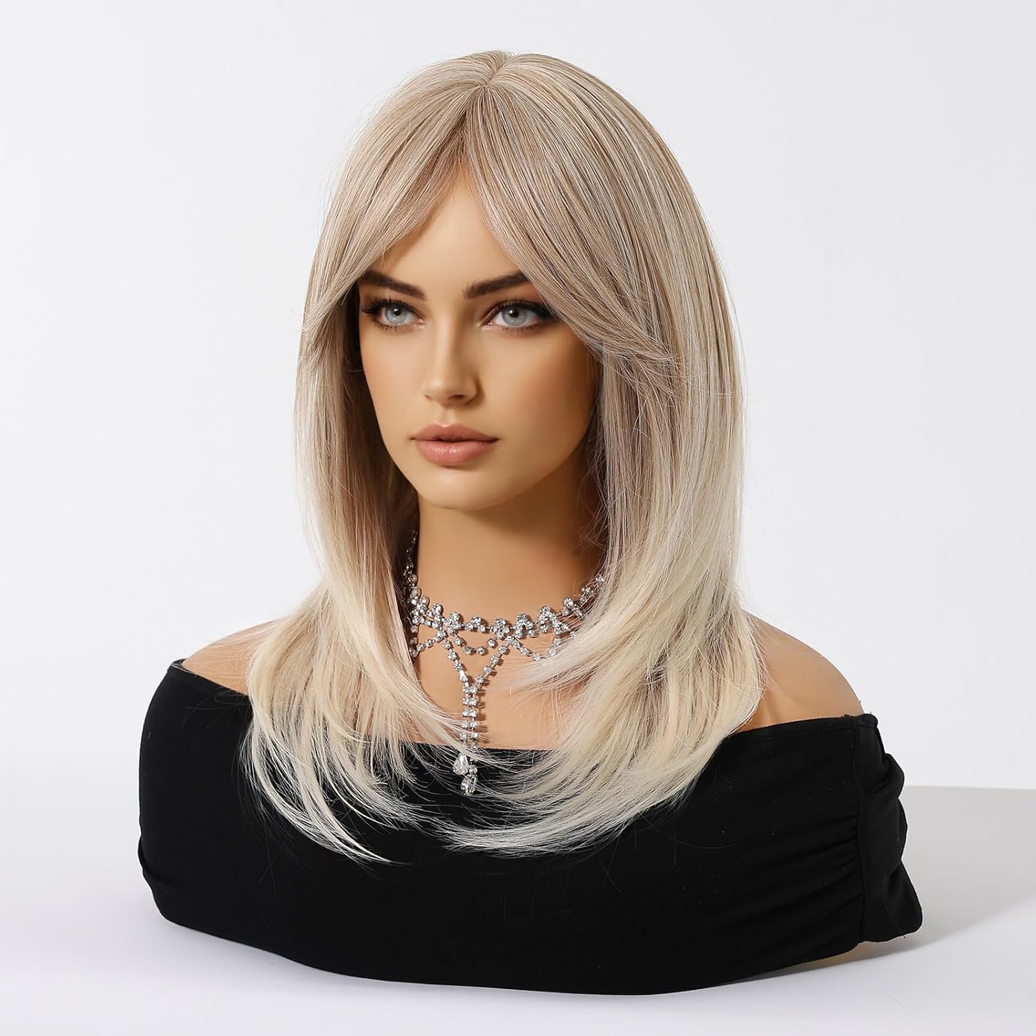 Long Layered Blonde Wigs Human Hair with Bangs Natural Wavy Heat Resistant for Women Daily Party Use Lightweight (Platinum Blonde,20Inch)