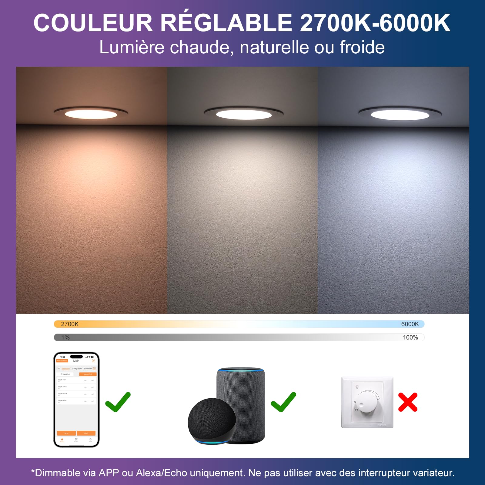 DUSKTEC Spot LED Encastrable RGBWW Connectée Alexa 220V 10W Dimmable 2700K-6000K Lot de 4