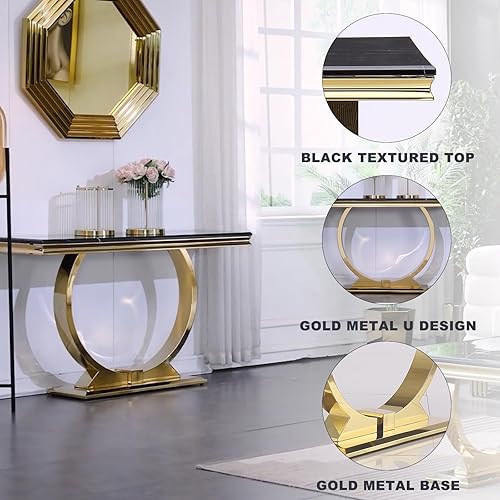 Miniatura 3 de ACEDÉCOR Mesas de consola modernas con base de metal dorado en U y parte superior de textura negra de alto brillo para sala de estar, oficina,