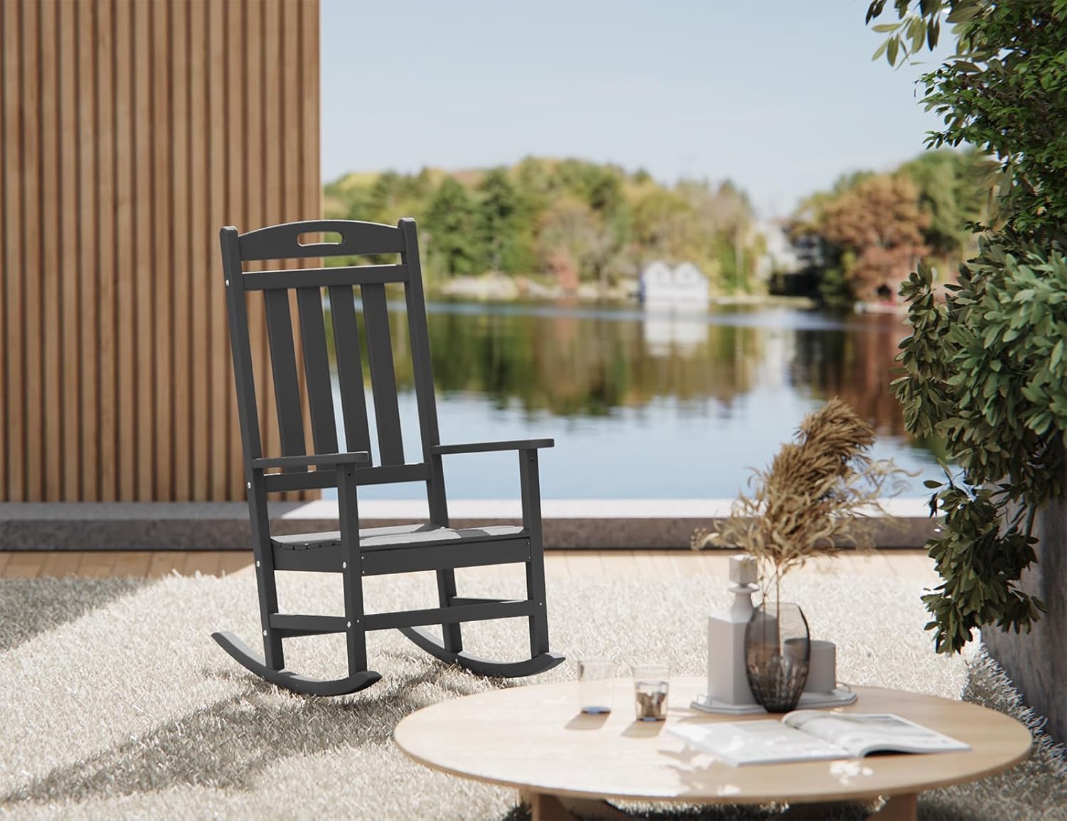 Outdoor Rocking Chair, High Back HDPE Patio Chair, All Weather Rocker Porch Chair, Lawn Chair for Deck, Porch, Backyard, Garden and Indoor, Slate Gray