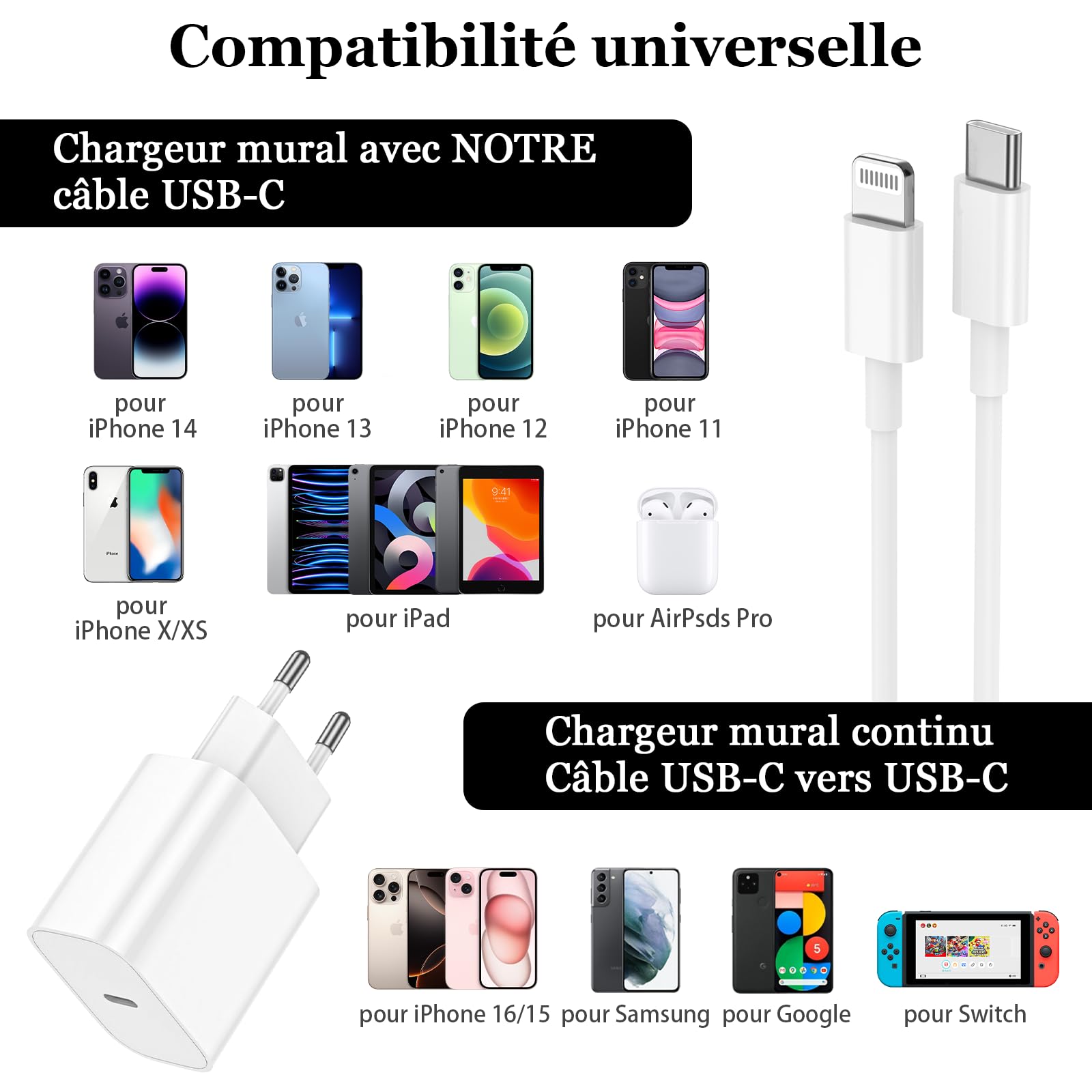 Chargeur Rapide USB-C Pour IPhone - 2 Adaptateurs + 2 Câbles 2m - Compatible IPhone 14 à 6, IPad - Charge Rapide Sécurisée