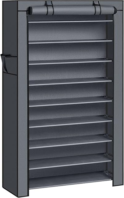 SONGMICS 10-Tier Shoes Rack with Dustproof Cover, Storage Cabinet, Organizer Hold up to 40 Pairs of Shoes, in Living Room, Hallway, 88 x 28 x 160 cm, Grey RXJ36G
