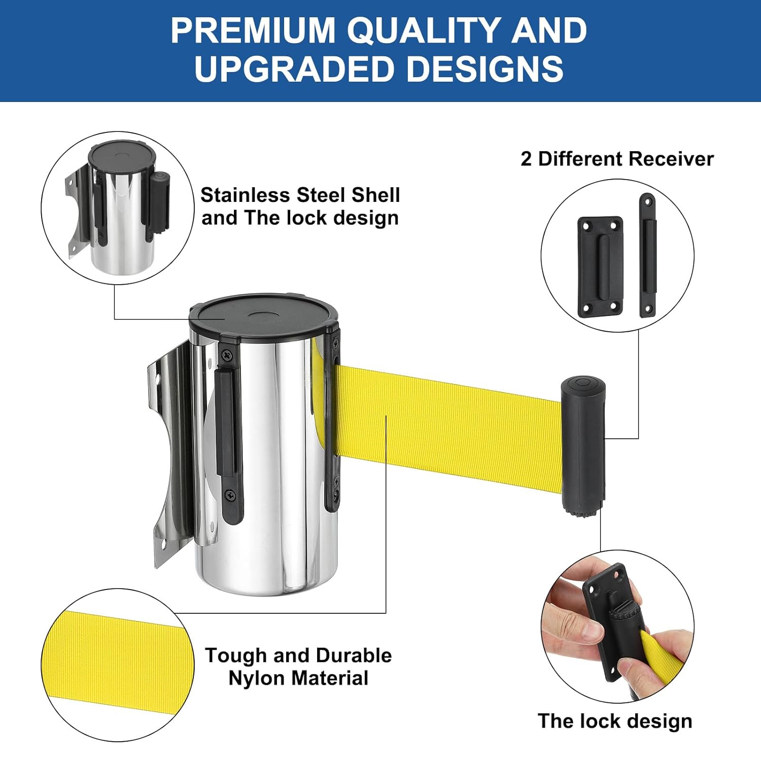 PATIKIL Fixed Wall Mount Retractable Belt Barrier, 2 Pcs 16.4 Feet Fixed Retractable Belt Barrier with Steel Case for Crowd Control Grocery Retail Store Stadium, Silver Tone/Yellow