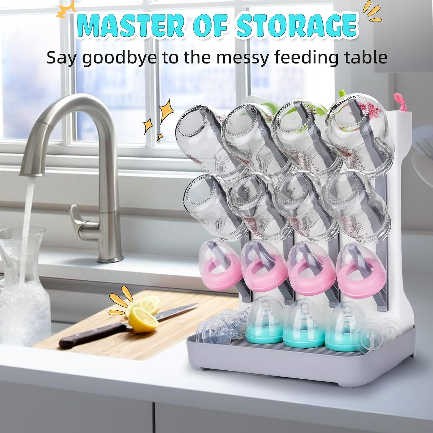 Baby Bottle Drying Rack: Space Saving Vertical Bottle Drying Holder with Brushes Holder – Large Bottle Storage Holder Organizer 12 Bottles & Baby Accessories,BPA-Free, Gray