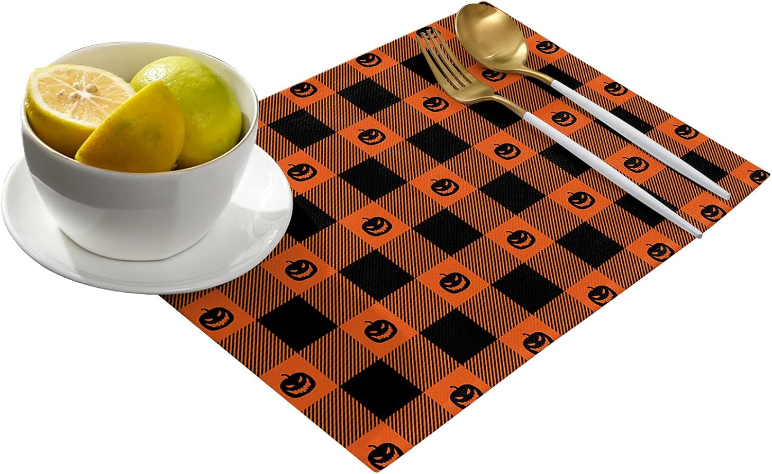 Halloween Placemats for Dining Table Set of 6, Cotton Linen Table Mats Non-Slip Washable Kitchen Table Placemats for Adults/Kids, Halloween Funny Pumpkins with Orange Black Buffalo Checkered Plaids