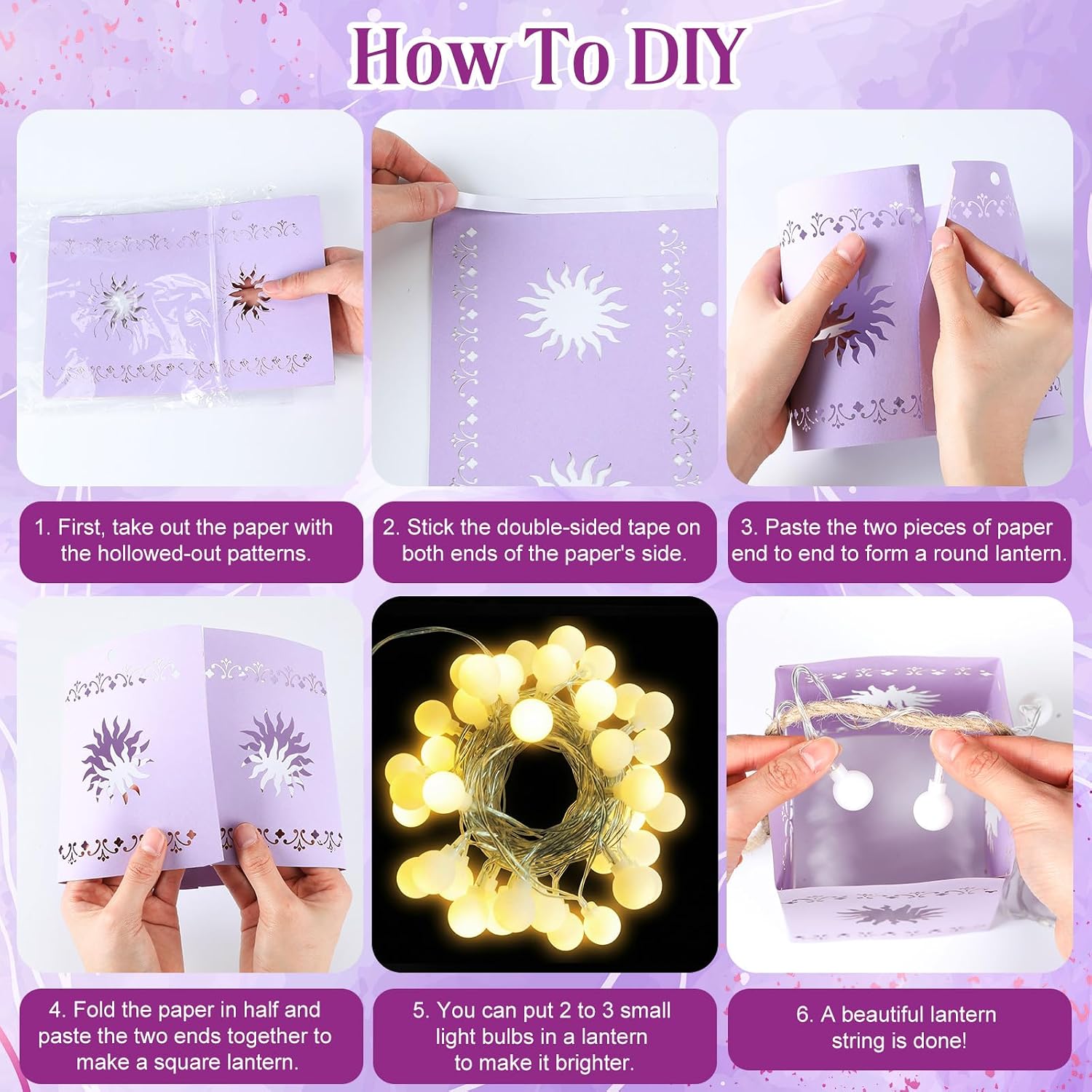 20 Pack Princess Sun Hanging Lanterns with LED Light Purple Princess Hanging Paper Lanterns DIY Set Sun Cutout Square Round Decorations for Photo Props Birthday Party(Purple)