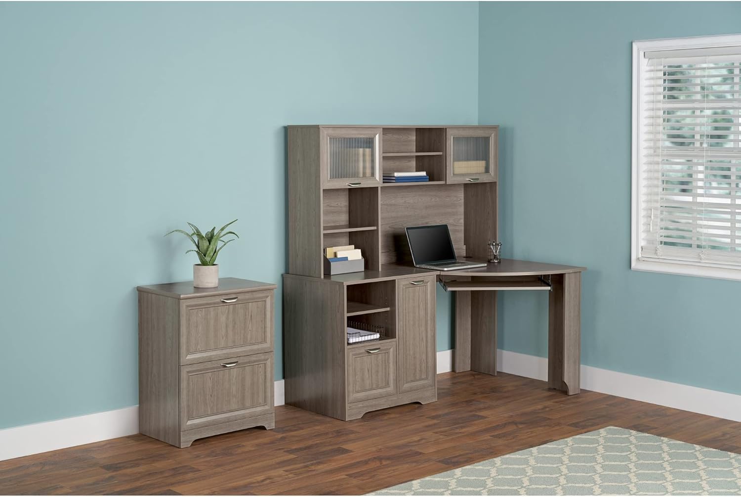 Realspace Magellan Corner Computer Desk with optional hutch and file cabinet
