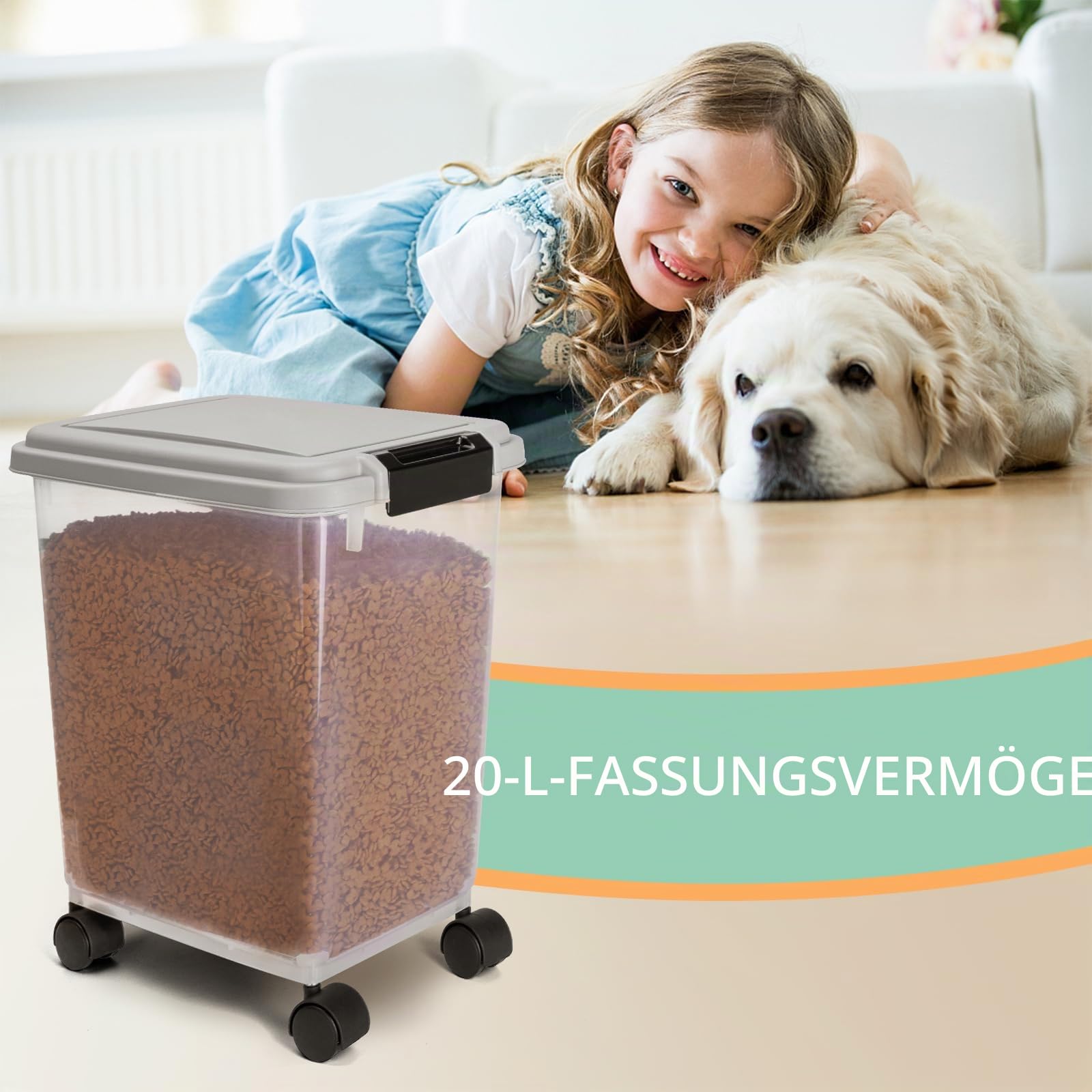 Nobleza - Futterbehälter für Haustiere, 20 L, für Haustiere, Lebensmittelbox mit Rädern, Klappdeckel, Luftdicht, Transparent, Rollen und Schaufel, für Hunde und Katzen, Grau