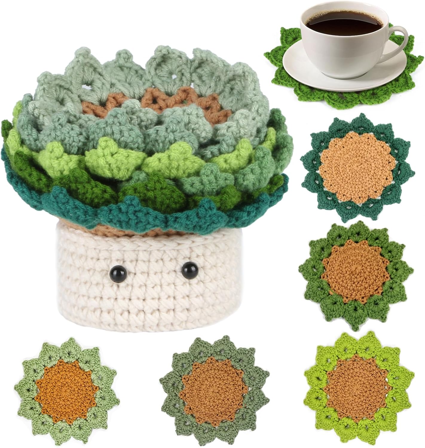 JSZYO Beginner Crochet Kit,6pcs Crocheting Set for Potted Plant Coasters,DIY Learn to Crochet Kit with Step-by-Step Video Tutorials,Ideal Craft Gift for Crochet for Beginners(Green)
