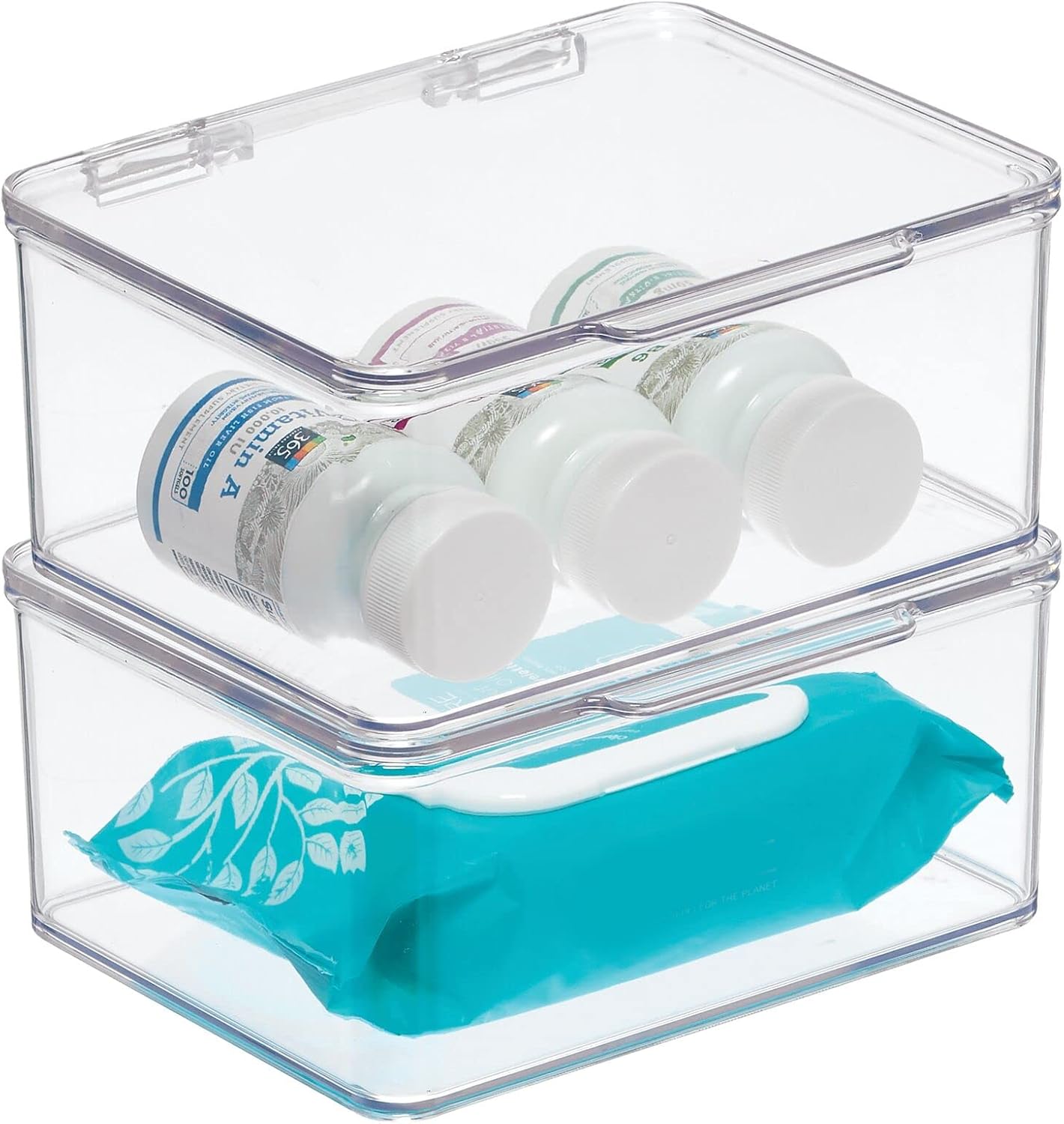 mDesign Plastic Bathroom Stackable Storage Organizer Box w/Hinged Lid for Closet, Shelf, Cupboard, Vanity, Hold Medicine, Soap, Cotton Swabs, Masks, Styling Tools, Lumiere Collection, 2 Pack, Clear