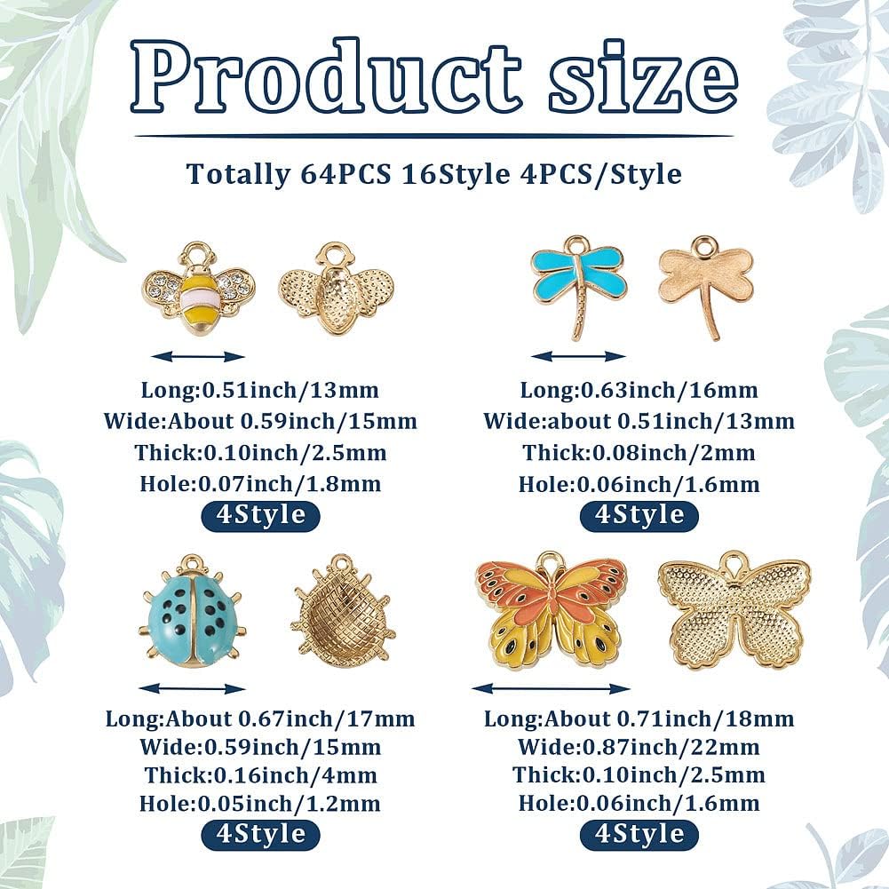 64pcs Enamel Bee Charms Light Gold Ladybird Butterfly Charms Dragonfly Pendants Insect Dangle Charm for Jewelry Making Necklaces Bangles Bracelets Earrings DIY Crafts Alloy Enamel Pendants - Image 5