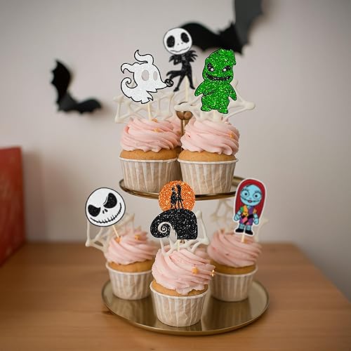 Miniatura 5 de 24 piezas de decoración de cupcakes de Halloween con purpurina de calavera fantasma Jack y Sally para cupcakes para pesadilla de Navidad, boda,