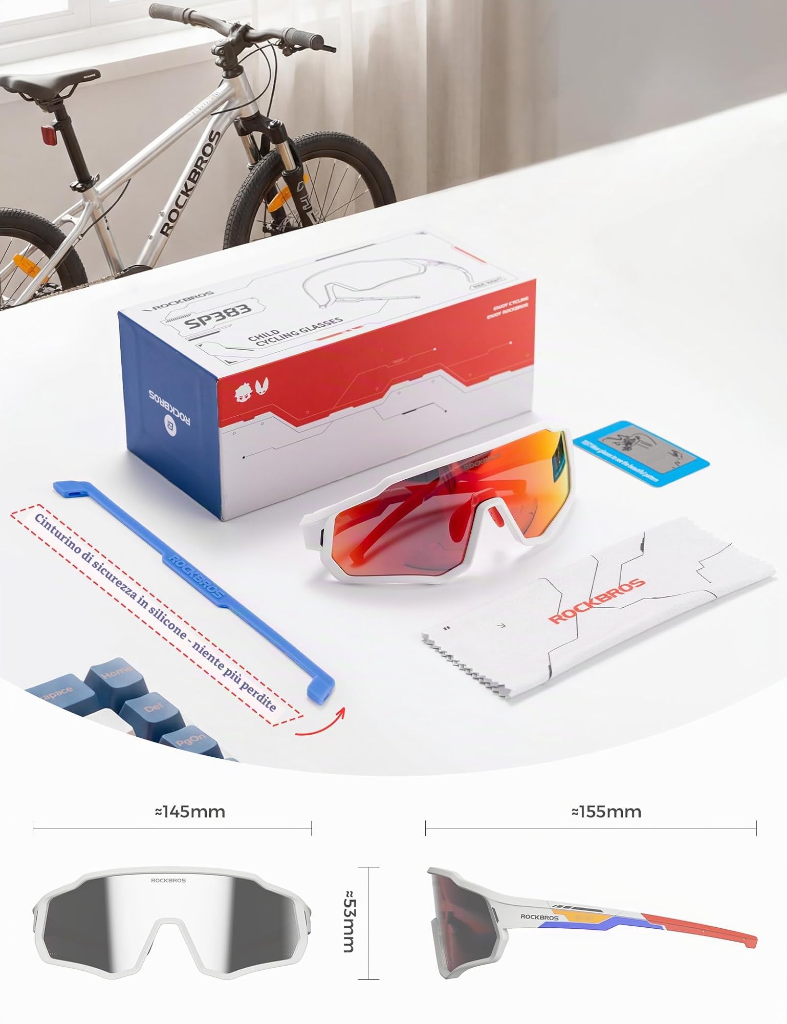 ROCKBROS Occhiali da Sole Ciclismo Polarizzati per Bambini 23g Ultraleggero | UV400 Protezione, Montatura TR90, Nasello Regolabile, con Cinturino, Occhiali Sportivi per Bici Corsa Baseball Viaggi