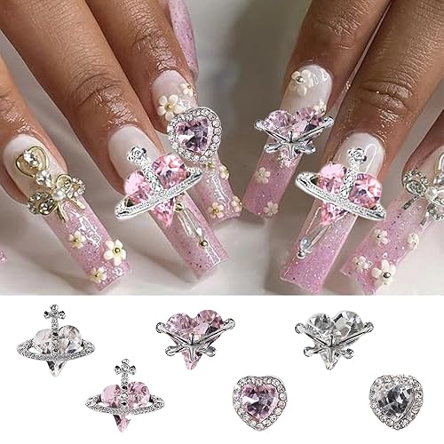 Miniatura 5 de 12 dijes de uñas para el día de San Valentín para uñas, diamantes de imitación y gemas de aleación 3D, dijes de arte de uñas rosa y plata con diseño